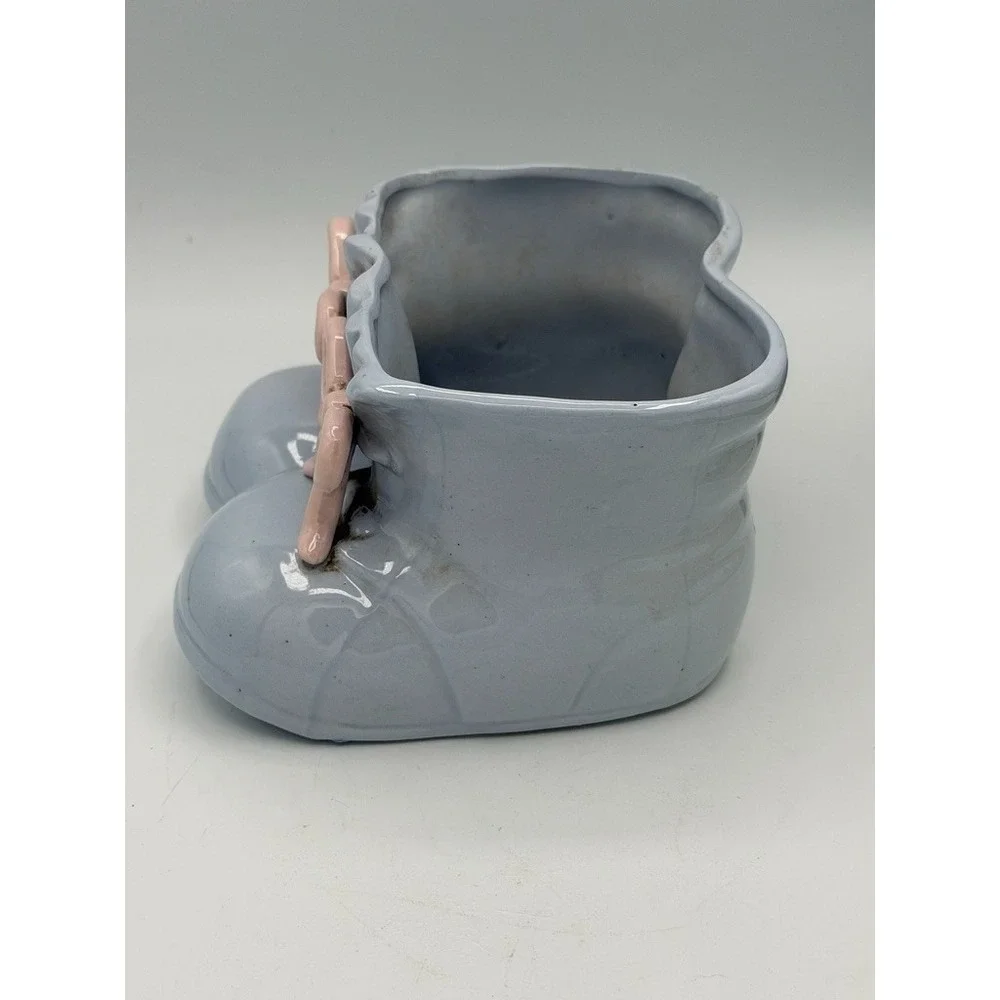 Vintage Baby Booties Planter Blue Pink Bows Velco-1 Ceramic Nursery Decor